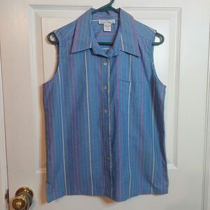 Diane Peterson Vintage Blue Red Yellow Pinstripe Sleeveless Button Up Top Size M